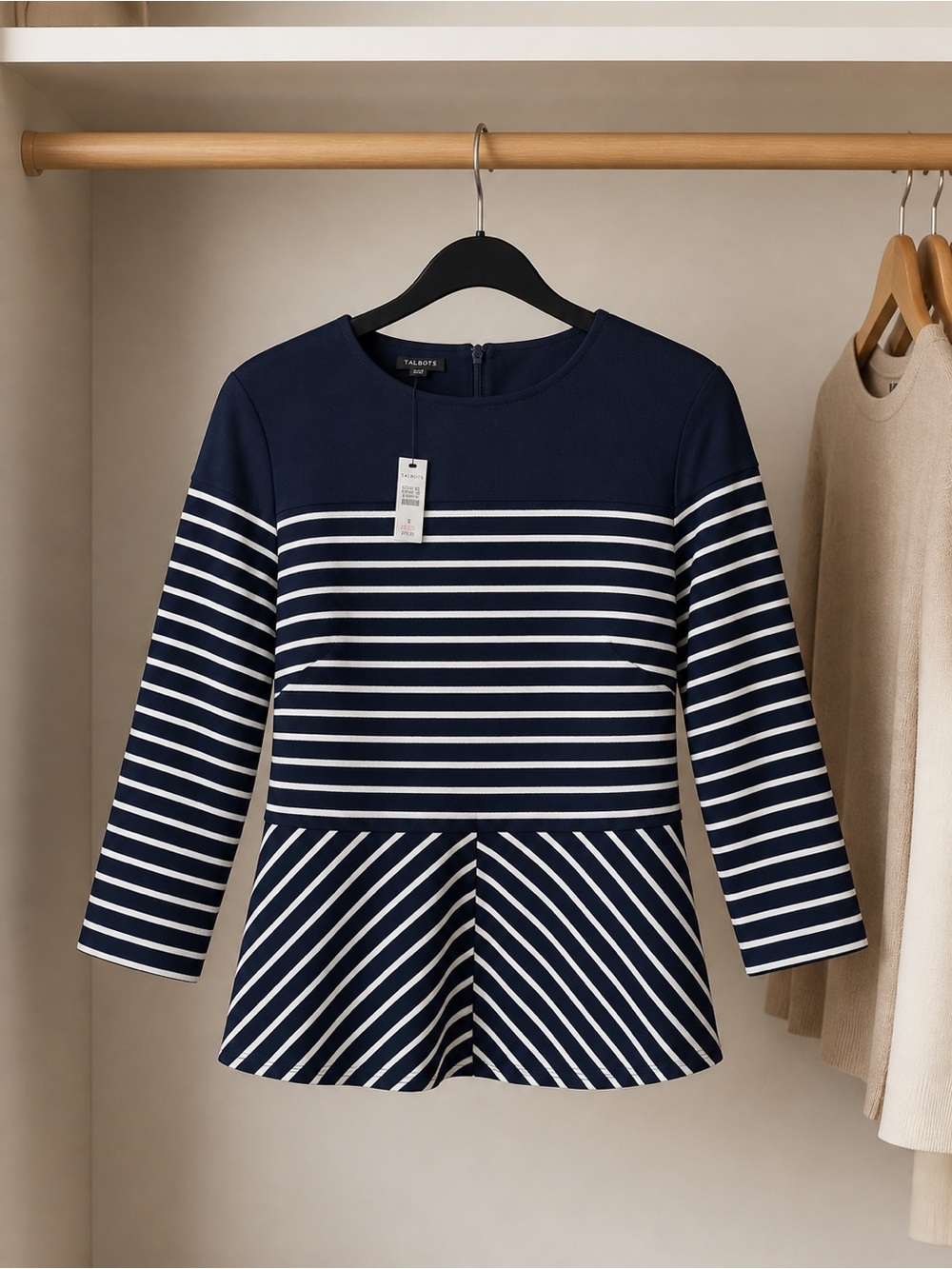 Talbots Navy Striped Peplum Top Women’s Size Small 3/4 Sleeve